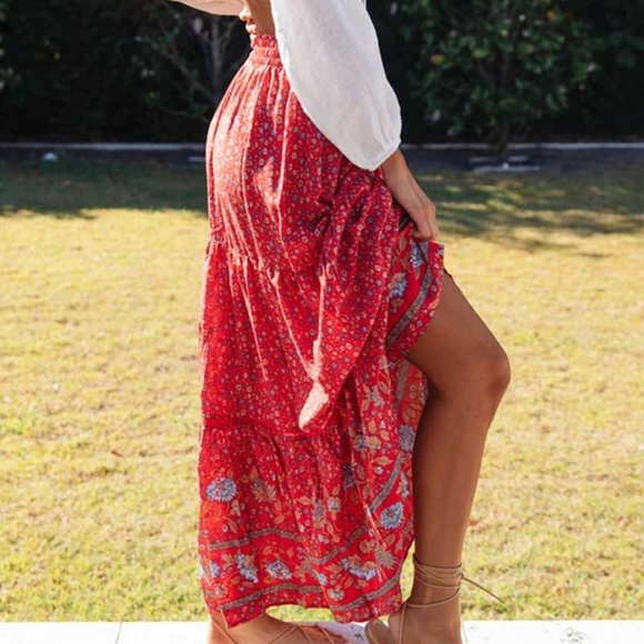 red boho gypsy floral print ruffle maxi skirt - Picture 2 of 9
